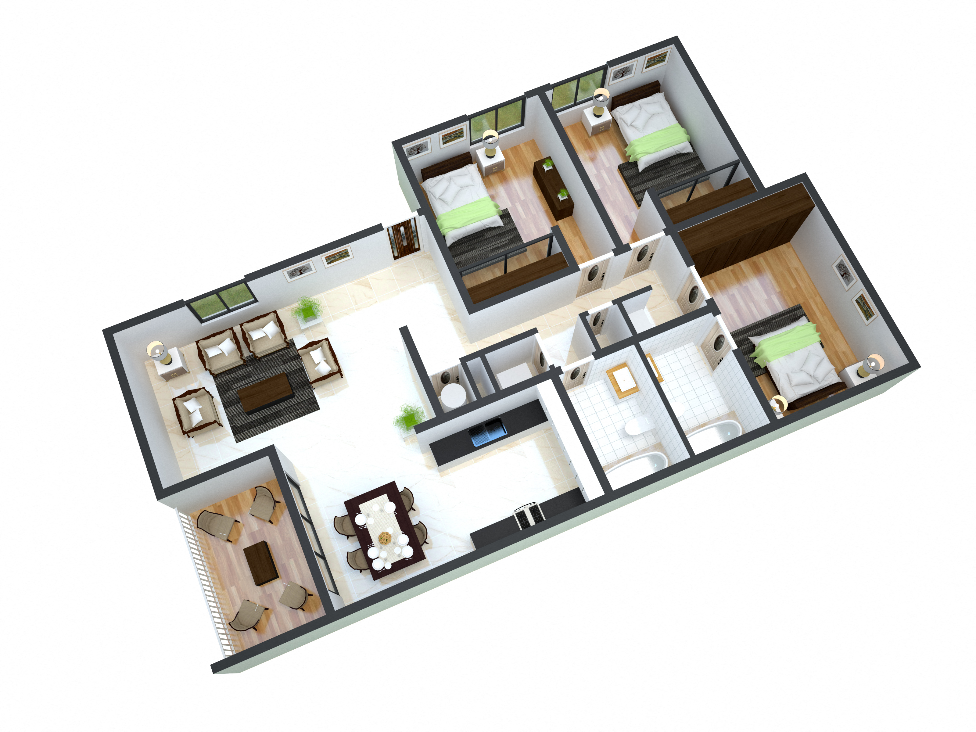 Floor plan for 3 beds, 2 baths, 1007 sqft